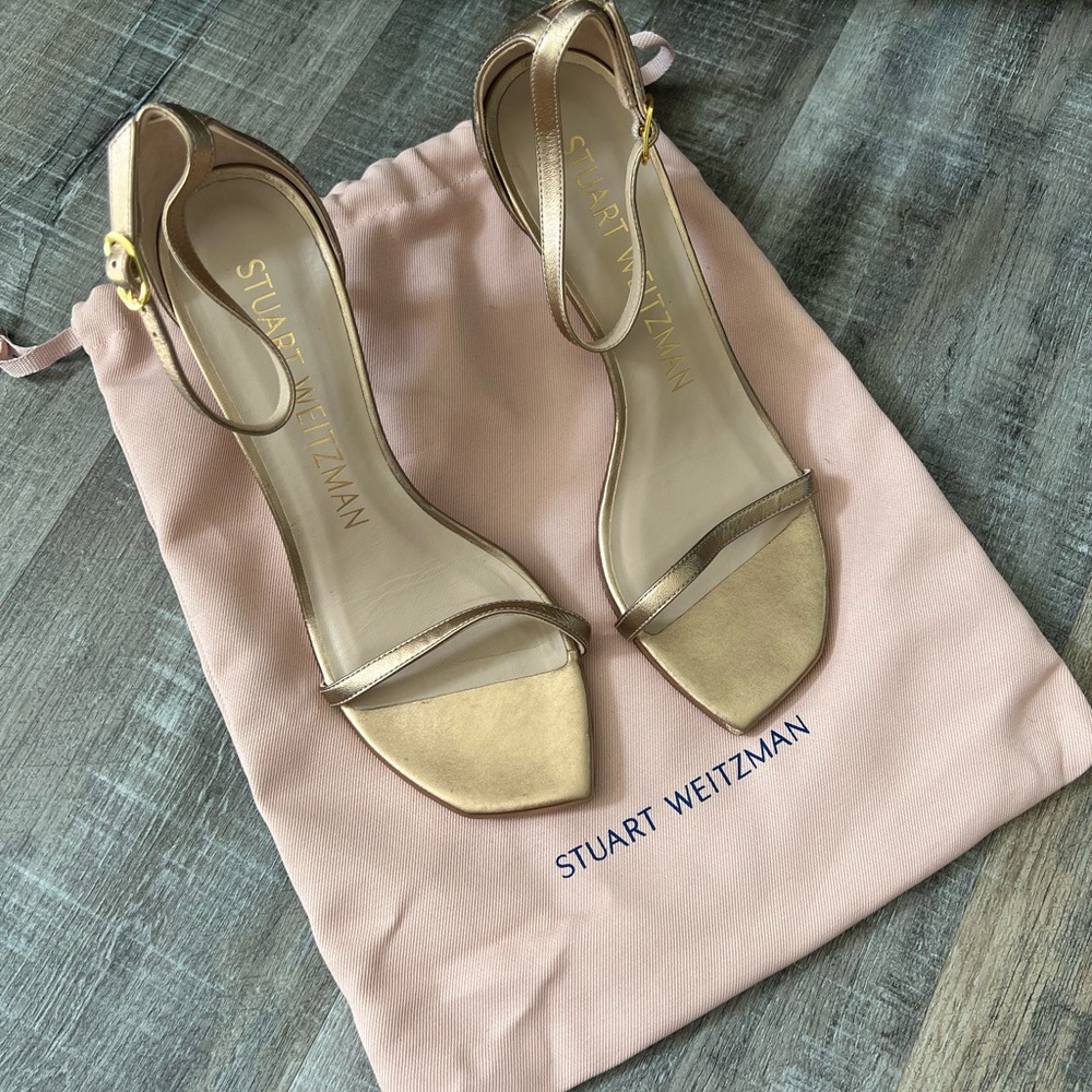 NEW Stuart Weitzman Nudistcurve 100 Patent Ankle Strap Sandals Adobe size 7.5